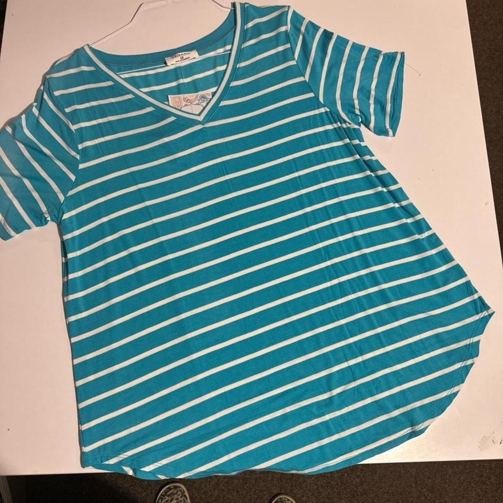 New Zenana Teal/Whiteโ Short Sleeve V-neck Tunic Top Size 2X